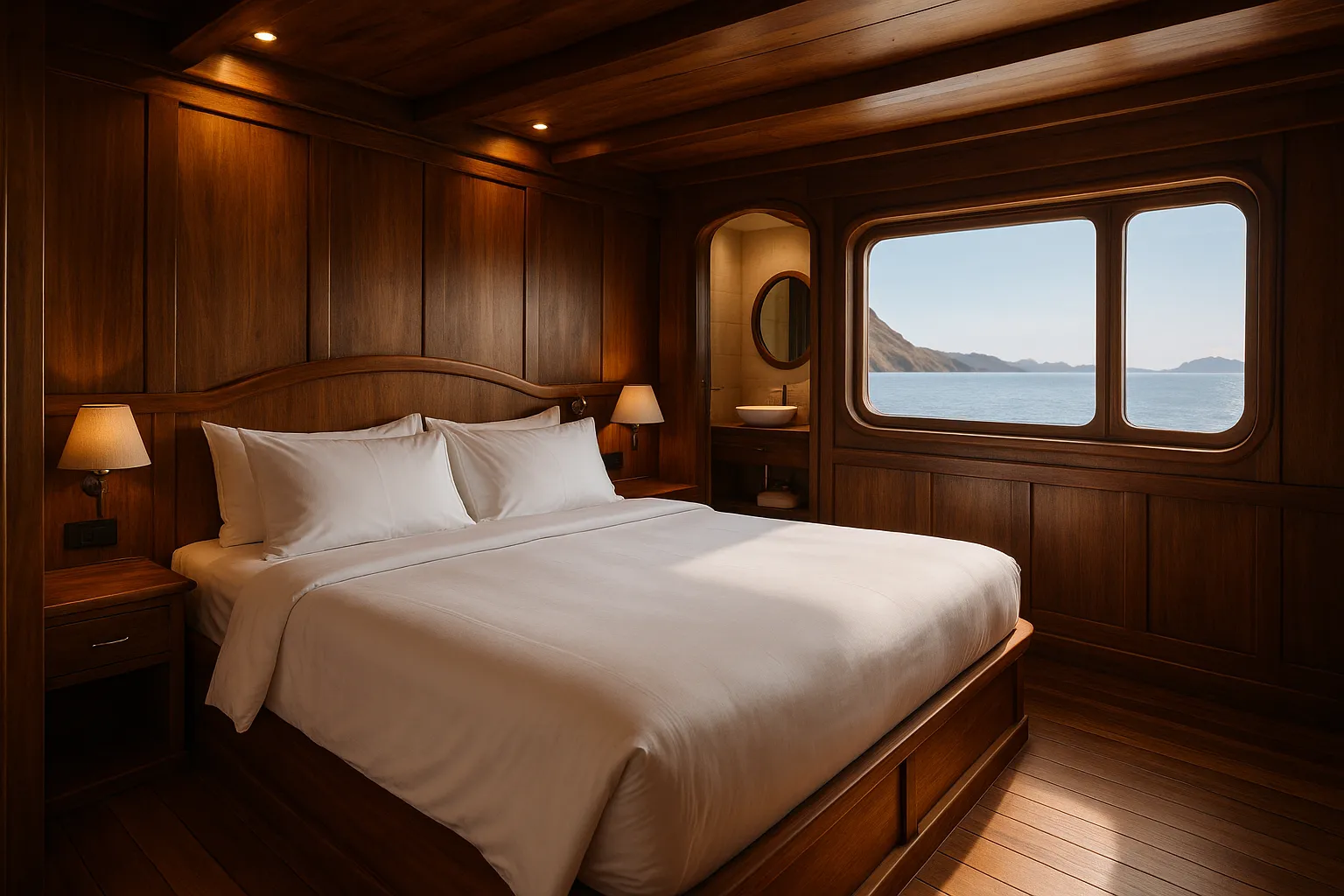Master suite cabin interior aboard a luxury phinisi yacht in Komodo