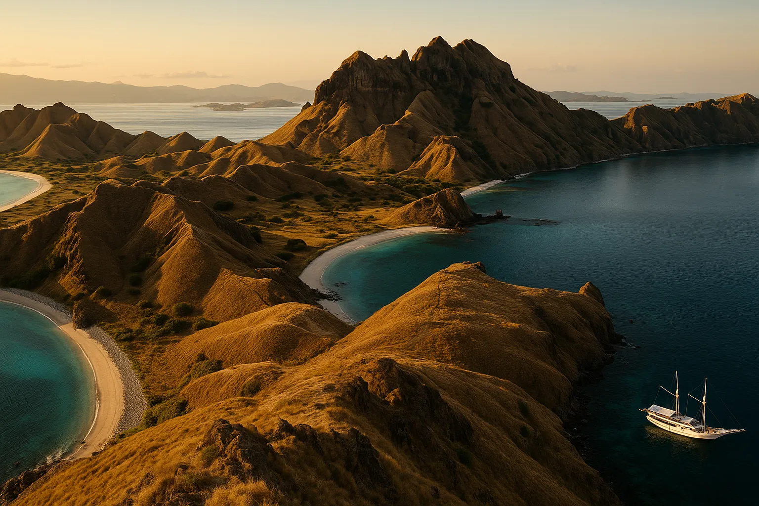 Aerial view of Padar Island and a luxury yacht anchored in Komodo National Park