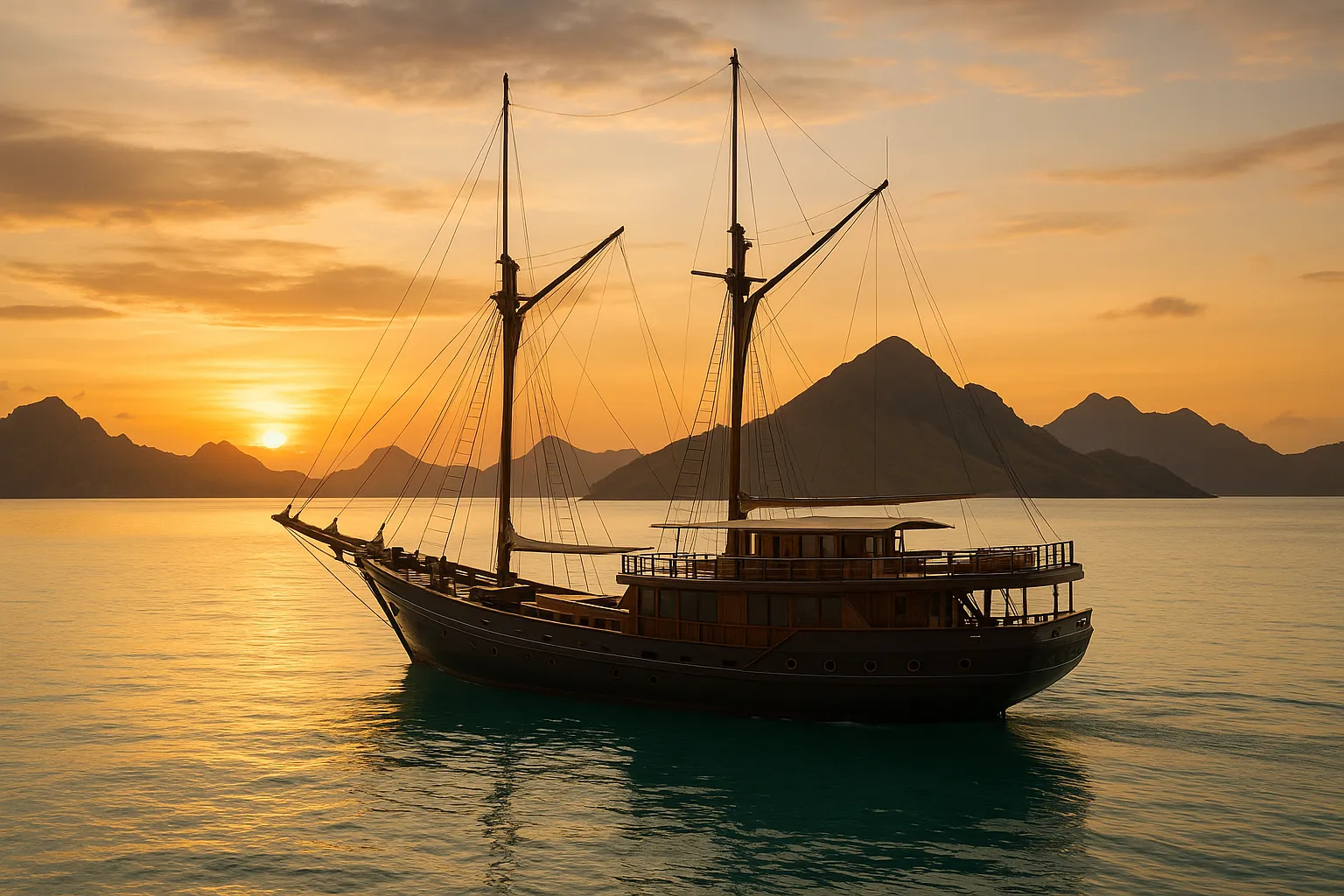 Luxury phinisi sailing yacht cruising the islands of Komodo National Park at sunset