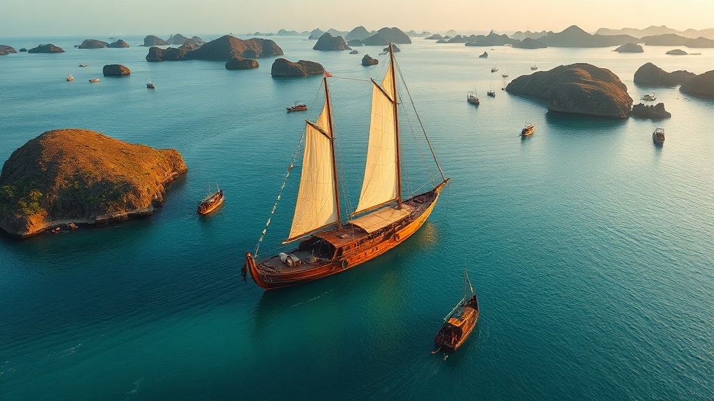 Phinisi superyacht anchored between Komodo islands at golden hour